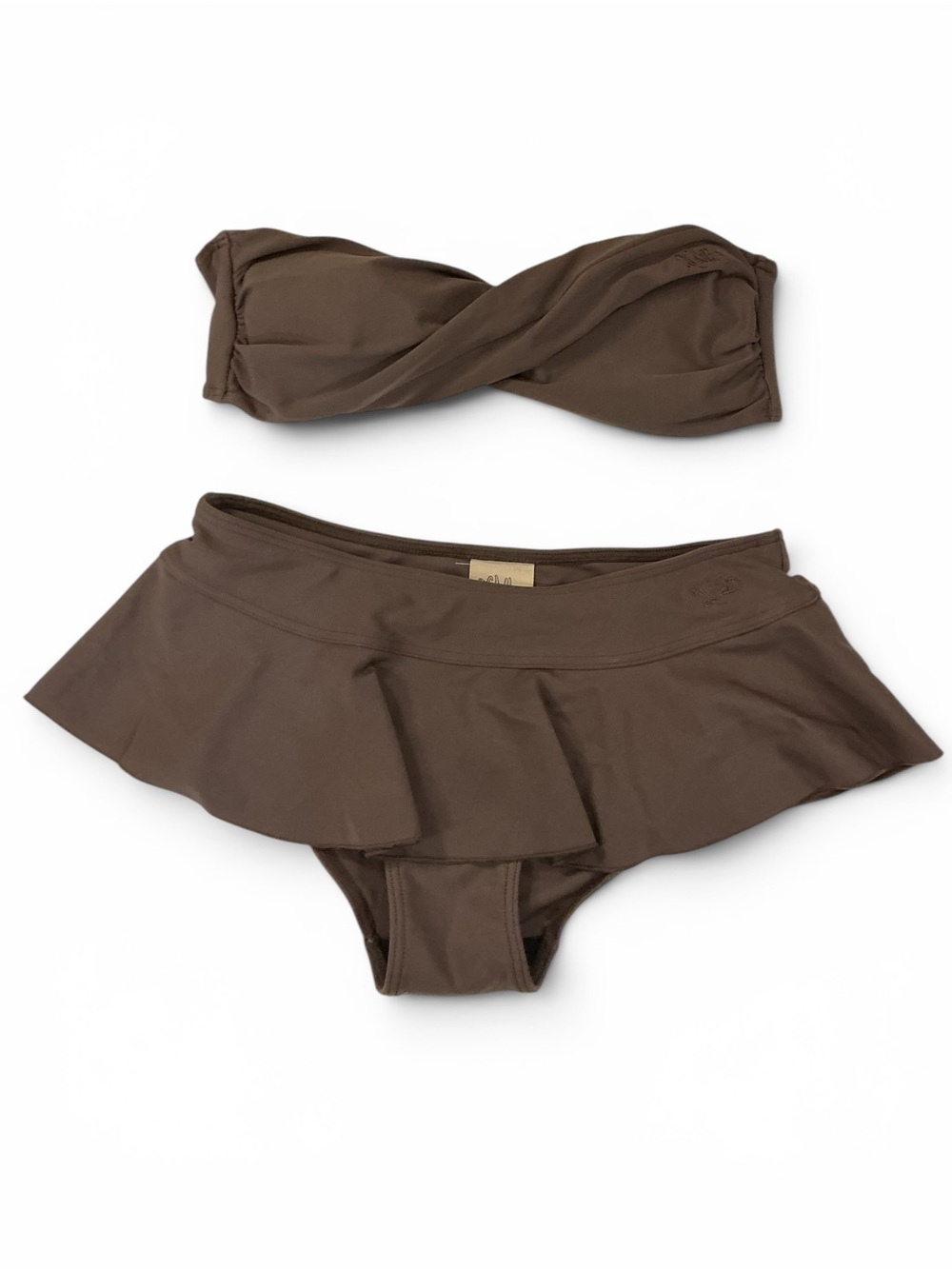 2 CHILLIS  Brown Twist Bandeau Bikini with Low Rise Skirted Bottom EPOC
